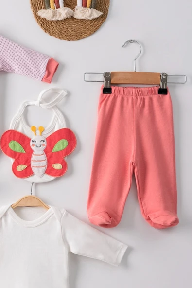 3 Ay Kelebek Puanlı Tulumlu Kız Bebek 5'li Set Nar Çiçeği - Resim 3