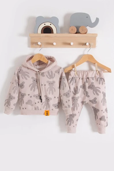 3-18 Ay Erkek Bebek Takımı Cool Bear Kapüşonlu Krem - 5