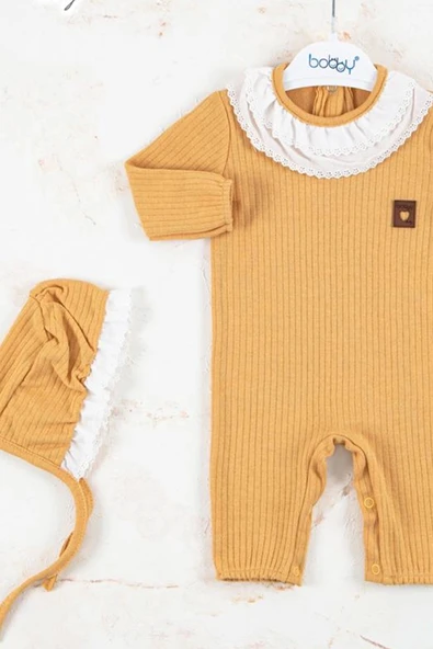 3-12 Ay Kız Bebek Tulumu Brode Nakışlı Şapkalı Hardal - Resim 2