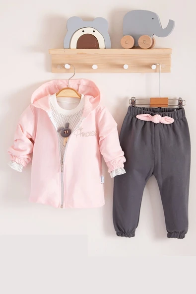 3-18 Ay Prences Kız Bebek Takımı Kapişonlu 3'lü Pembe - 5