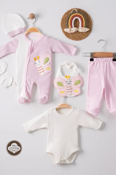 3 Ay Kelebek Nakış Puanlı Tulumlu Kız Bebek 5'li Set Pembe