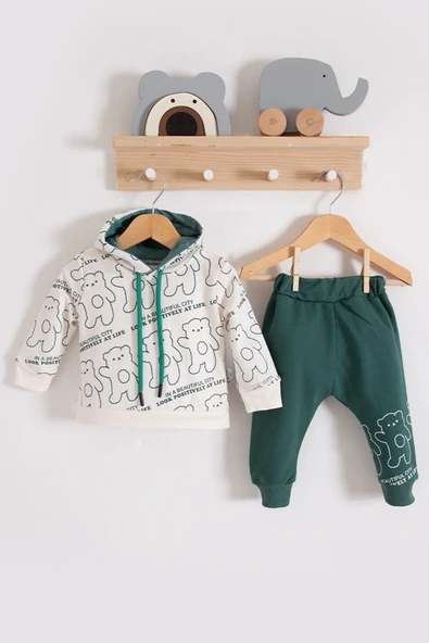 3-18 Ay Erkek Bebek Takımı Çapraz Bears Kapüşonlu Yeşil ürün görseli