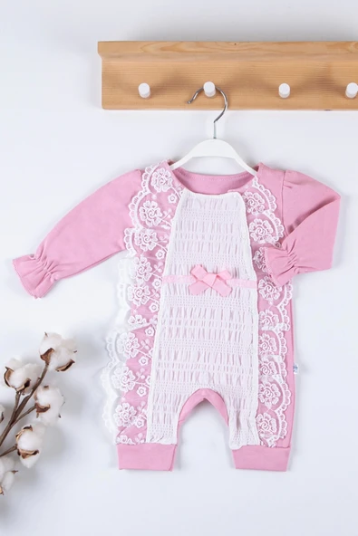 3-9 Ay Kız Bebek Tulumu Gofra Fransız Güpürlü Pembe - 3