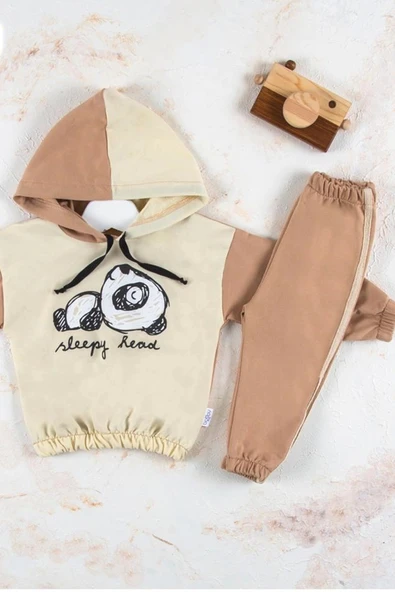 6-24 Ay Erkek Bebek Takımı Panda Kapişonlu Krem - 4