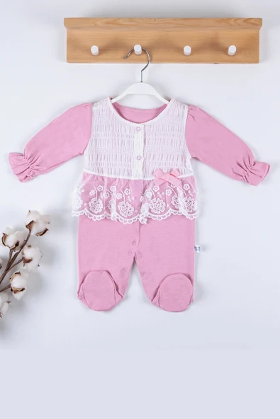 3-9 Ay Kız Bebek Tulumu Gofralı Fransız Güpürlü Pembe - 3