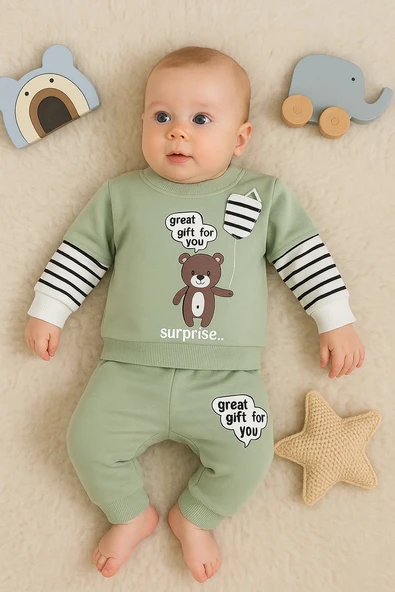 3-18 Ay Erkek Bebek Takımı Gift For You 2'li Yeşil