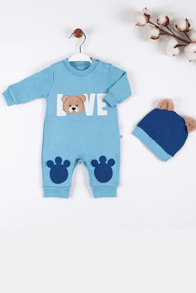 3-9 Ay Erkek Bebek Tulumu Love Bear Nakışlı Mavi ürün görseli