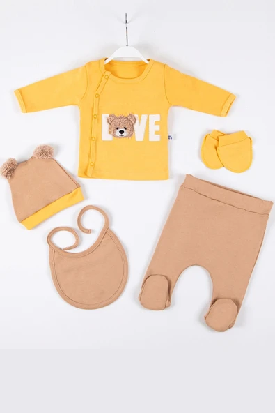 3 Ay Bebek Hastane Çıkışı Love Bear Nakışlı 5'li Erkek Sarı ürün görseli