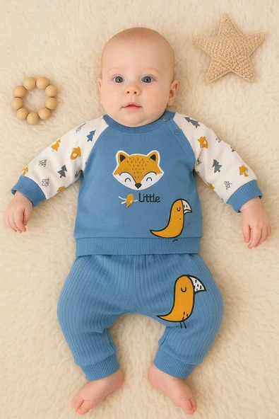 3-12 Ay Erkek Bebek Takımı Littie Fox Nakışlı 2'li Mavi