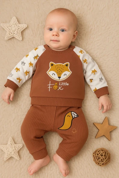 3-12 Ay Erkek Bebek Takımı Littie Fox Nakışlı 2'li Kahverengi