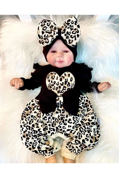 3-9 Ay Kız Bebek Tulum Leopar Fiyonklu Siyah
