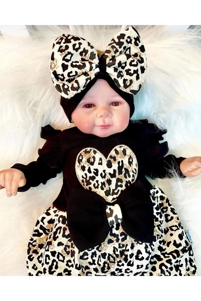 3-9 Ay Kız Bebek Tulum Leopar Fiyonklu Siyah - 2