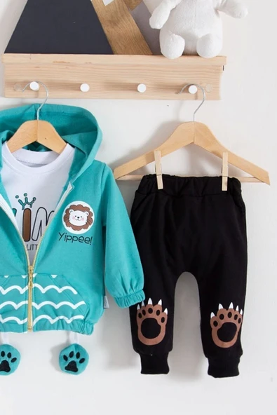 3-18 Ay Erkek Bebek Alt&Üst Takımı Aslan 3'lü Yeşil - Resim 4