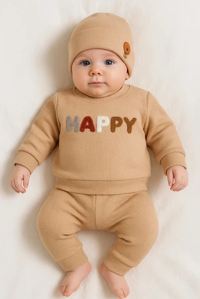 3-18 Ay Erkek Bebek Takımı Happy Nakışlı 2'li Kahverengi - Resim 3