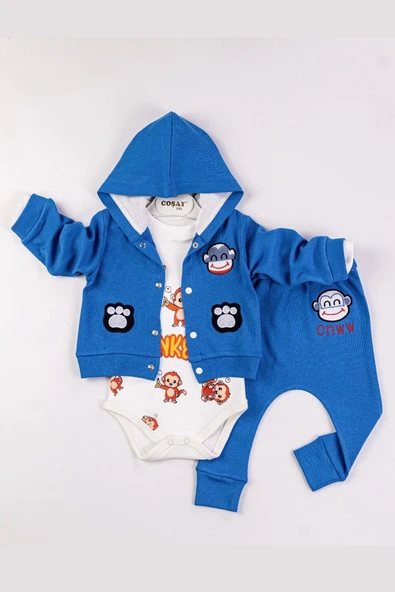 Yeni Doğan 3-6 Ay Erkek Bebek Takımı Monkey Nakış Kapişonlu Mavi - Resim 3