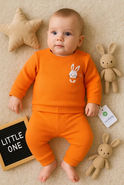 3-12 Ay Kız Bebek Takımı Cepli Tavlan Nakışlı 2'li Turuncu - 2