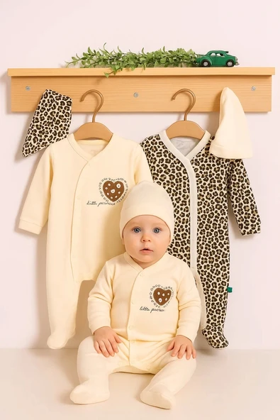 3-6 Ay Açık Kahve Leopar Kız Bebek 4'lü Tulum Seti Kahverengi