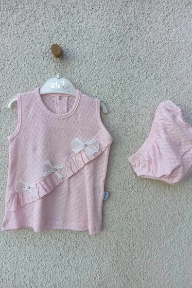 3-9 Ay Bebek Brode Fiyonklu Külotlu Yazlık Takımı PEMBE - 5