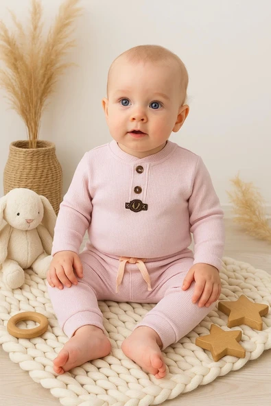 3-12 Ay Waffle Çıtlı Düğmeli 2'li Mevsimlik Takımı Pembe - 2