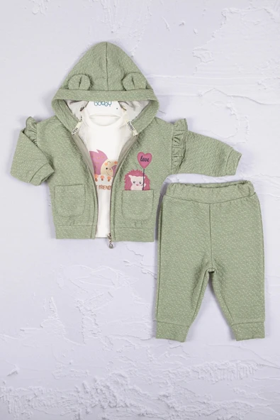 3-18 Ay Kız Bebek Takımı Kirpi Nakışlı 3'lü Yeşil ürün görseli