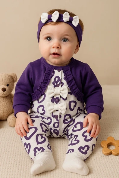 3-9 Ay Kız Bebek Tulum Bolerolu Kalp Lila - 3