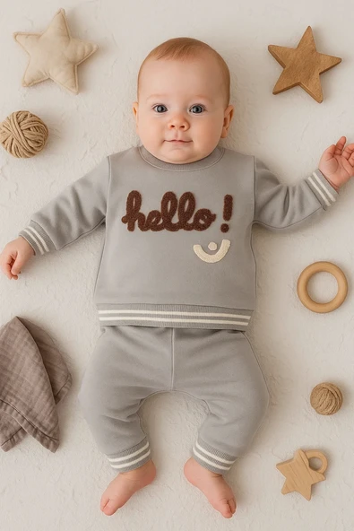 3-18 Ay Erkek Bebek Takımı Hello Nakışlı 2'li Gri ürün görseli