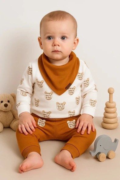 3-18 Ay Erkek Bebek Takımı Fularlı Baby 3'lü Turuncu ürün görseli 1