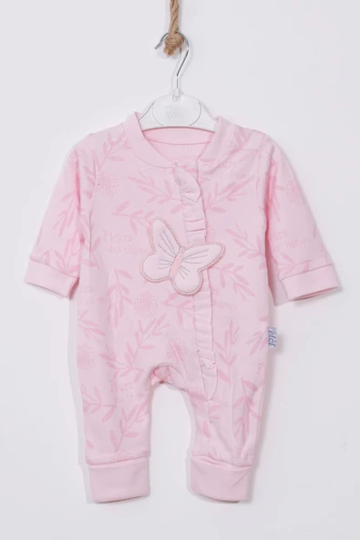 3-9 Ay Kız Bebek Tulumu Kelebek Nakışlı Ayaklı Pembe - Resim 2
