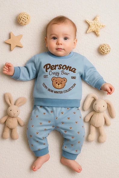 3-18 Ay Erkek Bebek Takımı Persona Bear Nakışlı 2'li Mavi