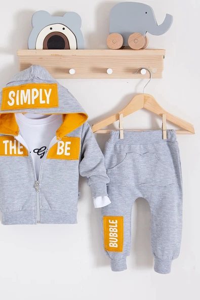 3-18 Ay Erkek Bebek Takımı Simply Kapişonlu 3'lü Hardal - Resim 3