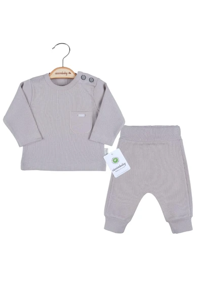 3-12 Ay Erkek Bebek Takımı Cep Nakışlı Omuz Düğmeli Toprak ürün görseli