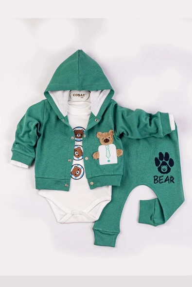 Yeni Doğan 3-6 Ay Erkek Bebek Takımı Bear Nakışlı Kapişonlu Yeşil ürün görseli