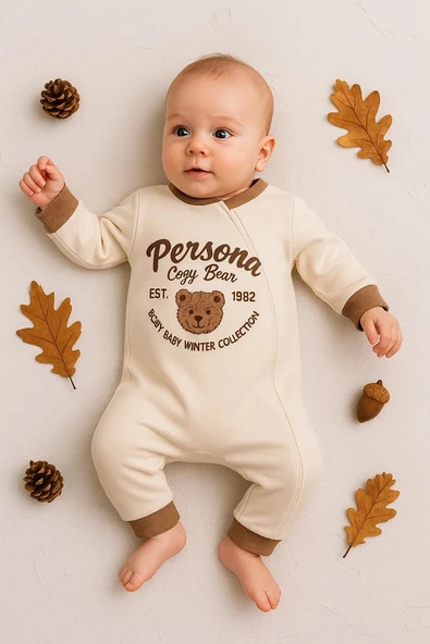 3-12 Ay Erkek Bebek Tulum Persona Bear Nakışlı Kahverengi