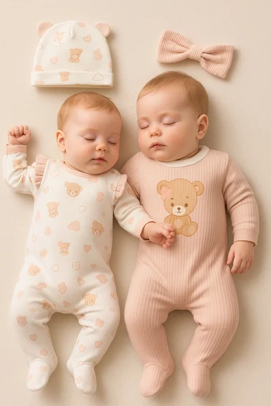 3-6 Ay Ayıcık Kız Bebek Tulum Fitilli Şapkalı 2 Adet Gül Kurusu