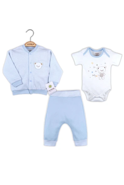 3-12 Ay Erkek Bebek Takımı Çizgili Bear Hırkalı Mavi - Resim 4