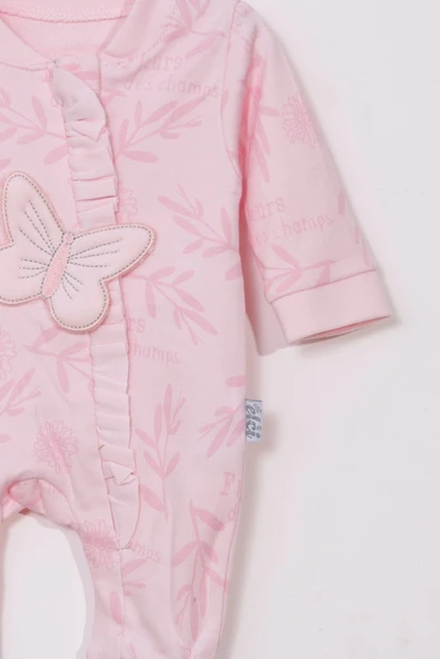 3-9 Ay Kız Bebek Tulumu Kelebek Nakışlı Ayaklı Pembe - Resim 3