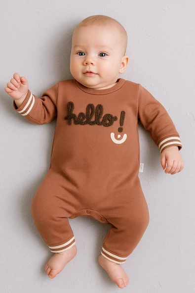 3-12 Ay Erkek Bebek Tulum Hello Nakışlı Kahverengi