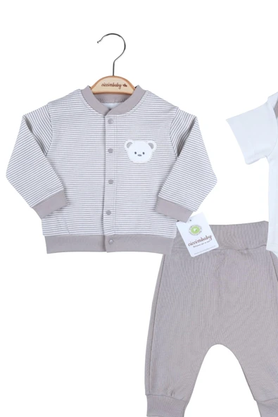 3-12 Ay Erkek Bebek Takımı Çizgili Bear Hırkalı Gri - Resim 2