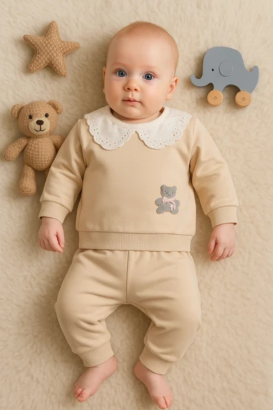 3-18 Ay Kız Bebek Takımı Dantel Yakalı 2'li Krem - Resim 2
