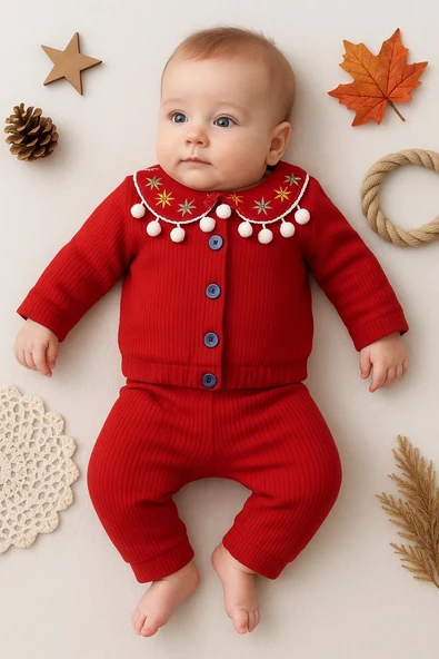 3-12 Ay Çiçek Kız Bebek Takımı Düğmeli Bandanalı Kırmızı - 2