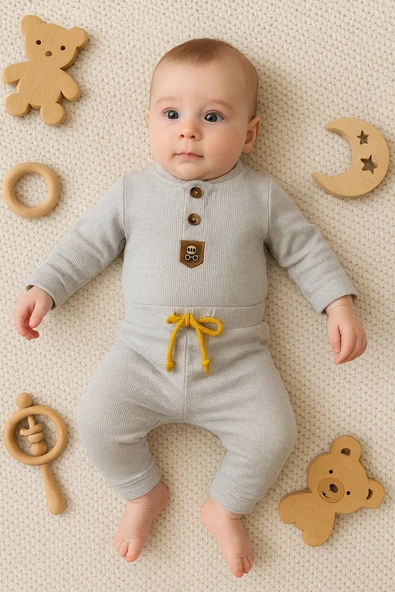 3-12 Ay New Waffle Çıtlı Düğmeli 2'li Mevsimlik Takımı Gri - Resim 3