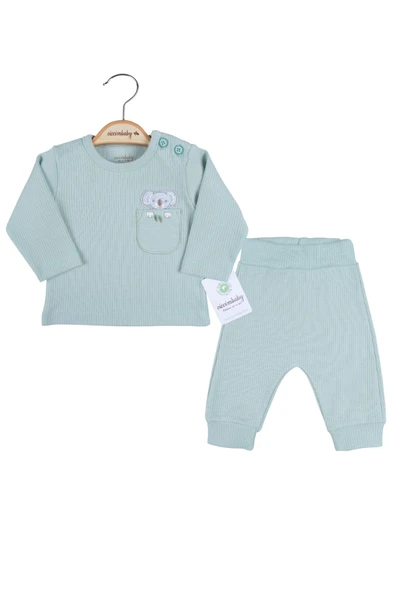 3-12 Ay Koala Erkek Bebek Takımı Cep Nakış Omuz Düğme Yeşil ürün görseli