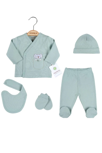 3 Ay Koala Nakışlı Çizgili 5'li Hastane Çıkış Seti Yeşil - Resim 4