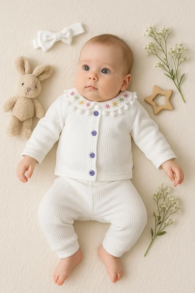 3-12 Ay Kız Bebek Takımı Çiçek Nakış Bandanalı Beyaz