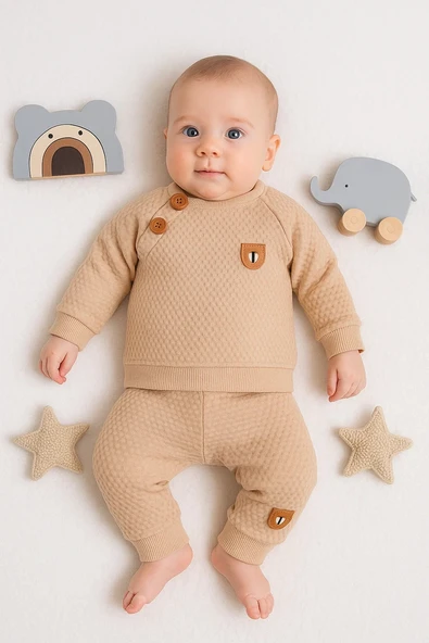 3-18 Ay Erkek Bebek Takımı Jakarlı Omuz Düğmeli 2'li Krem - 2