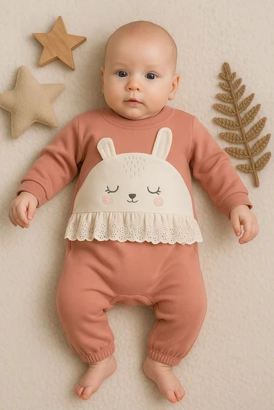 3-12 Ay Kız Bebek Tulum Tavşan Nakışlı Güpürlü Pembe - Resim 3