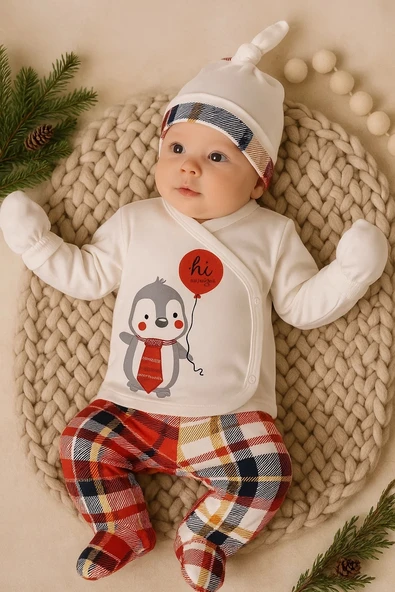 Yeni Doğan Ekose Penguen Fularlı 5'li Erkek Bebek Takımı Kırmızı - 7