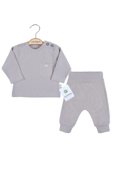 3-12 Ay Erkek Bebek Takımı Cep Nakışlı Omuz Düğmeli Toprak - Resim 3