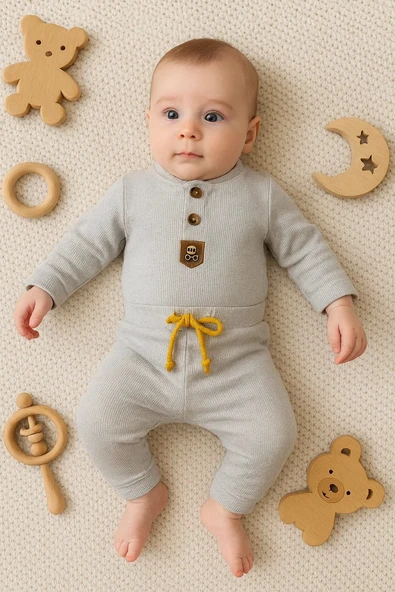 3-12 Ay New Waffle Çıtlı Düğmeli 2'li Mevsimlik Takımı Gri ürün görseli