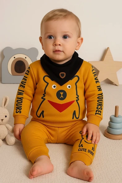 3-18 Ay Erkek Bebek Takımı Oynar Gözlü Fularlı 3'lü Sarı - Resim 2